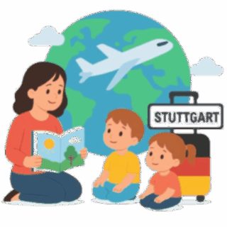 Educatrice che legge un libro illustrato a due bambini seduti a terra, con un grande mappamondo, un aereo che vola e una valigia con la bandiera tedesca e la scritta "STUTTGART" sullo sfondo.